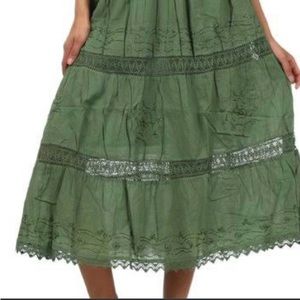 Embroidered Bohemian Cargo Green Midi Skirt